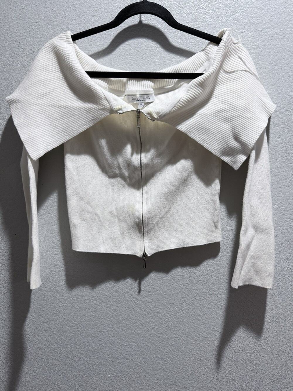 Sweet Rain Off The Shoulder, Ribbed Zippered Cardigan Ivory Medium Sweater
